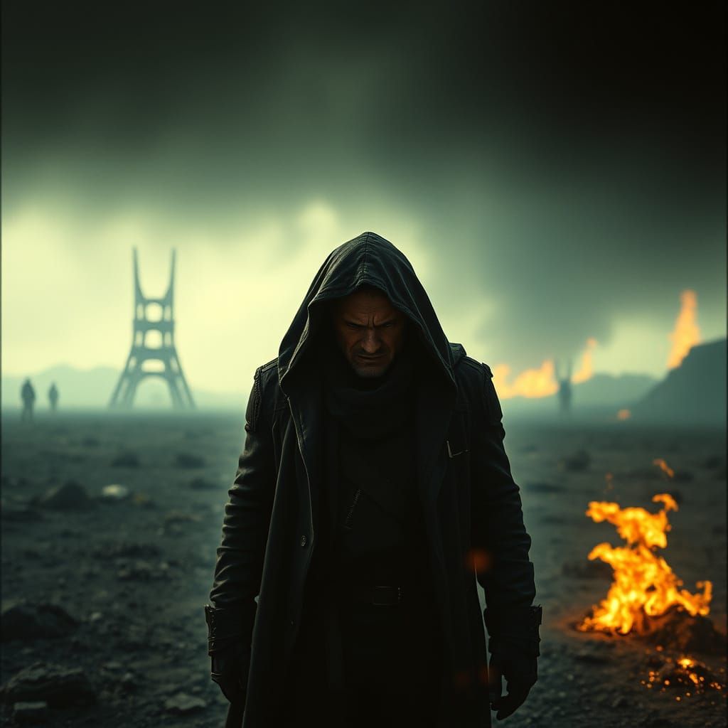 Brooding Figure in a Desolate Post-Apocalyptic Landscape