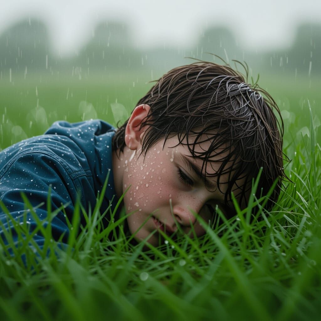 Cinematic Shot Of Boy Crying In Grassy Field