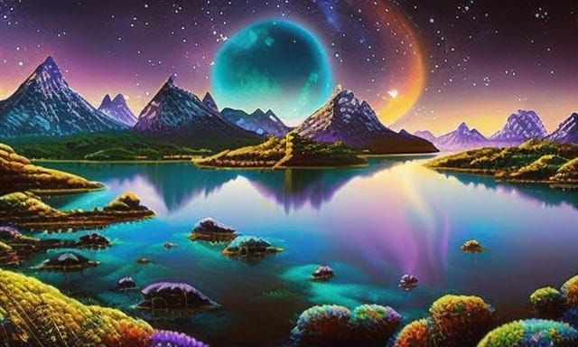 Iridescent Fantasy Landscape with Luminous Starry Sky