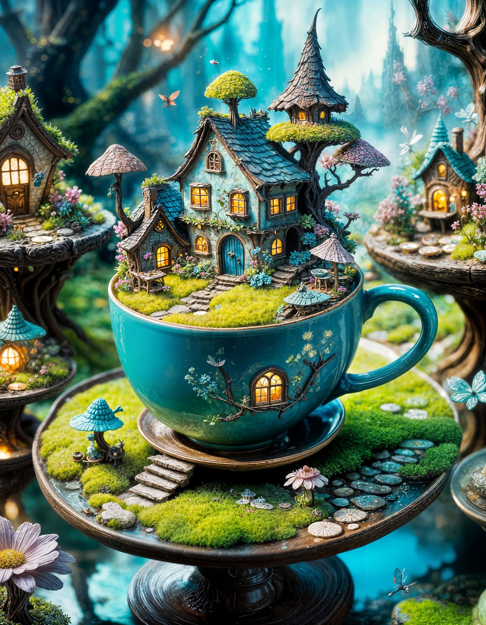 Fairy Village Emerging from Teacup: Digital Illustration