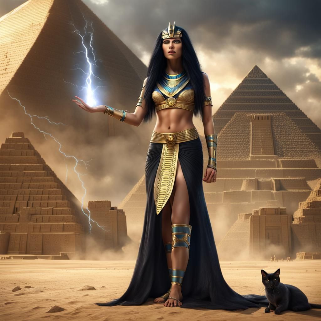 Egyptian Cat Goddess Portrait with Lightning