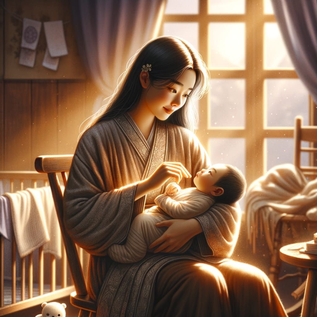 Mother Cradling Newborn in Serene Asian Home