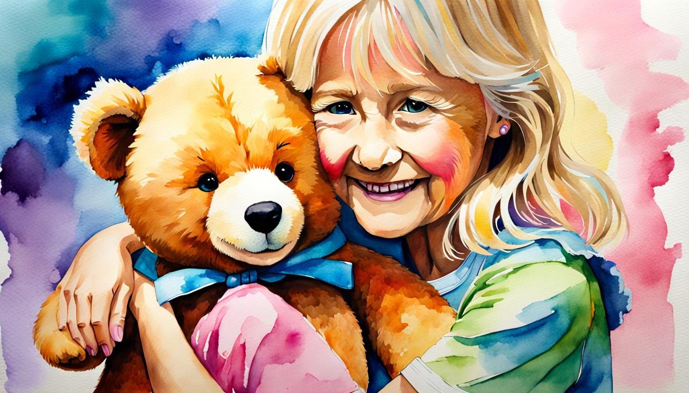 Cute Girl Giving Teddy Bear, Watercolor Pastel Art