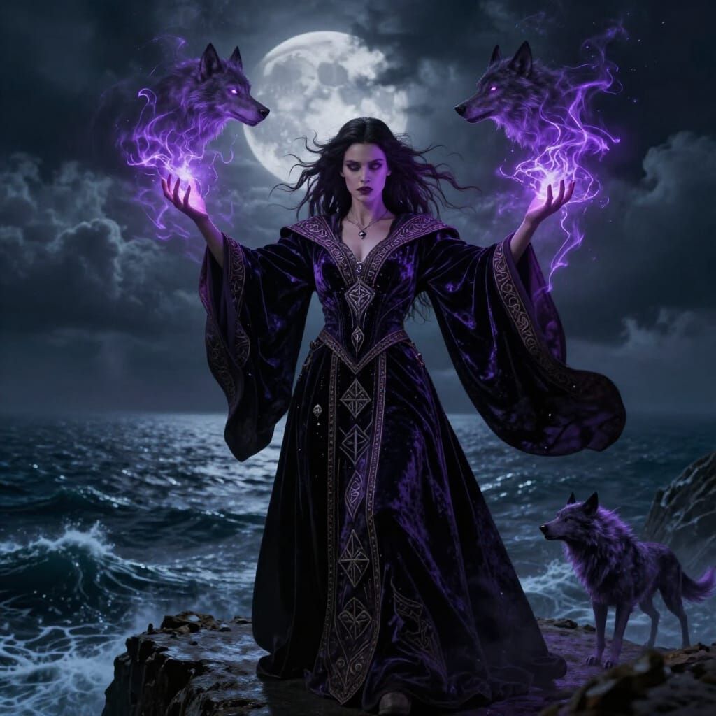 Sorceress Conjures Spectral Wolves Over Stormy Sea