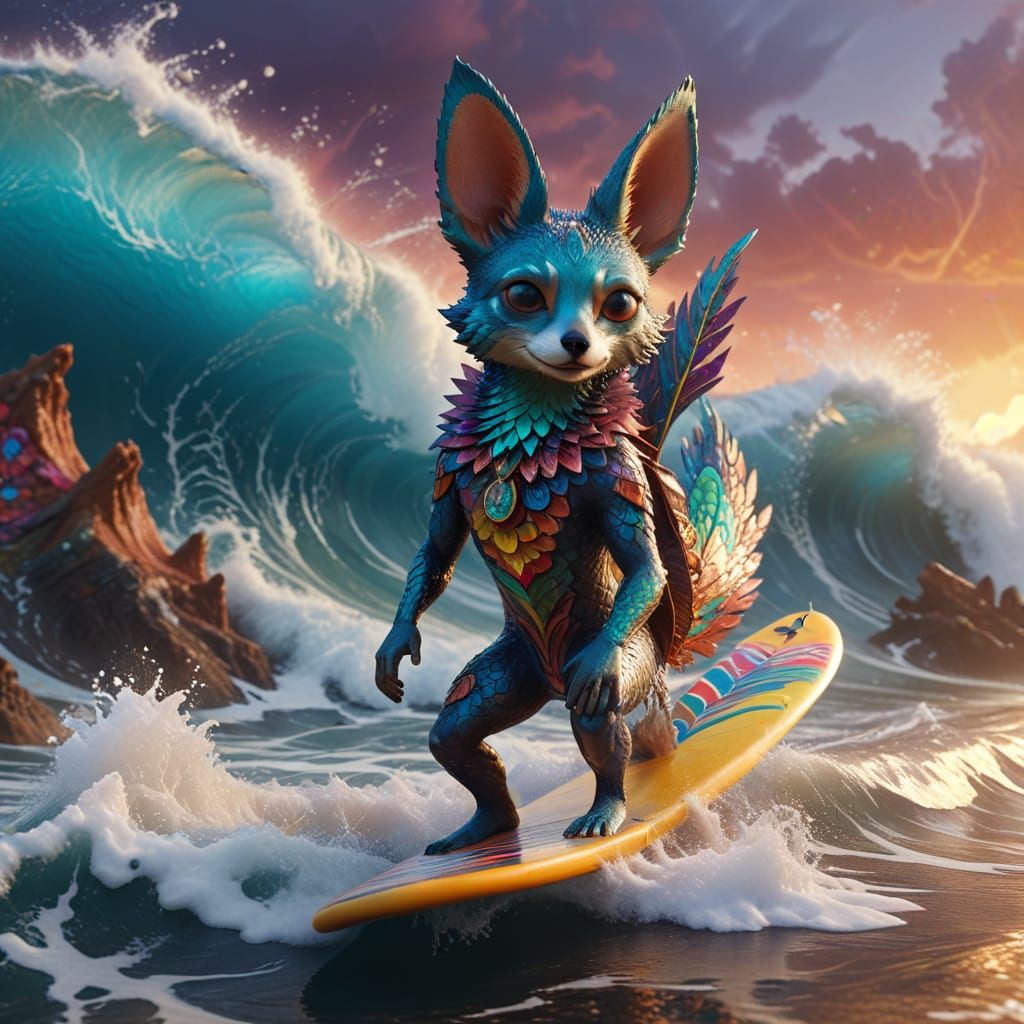 Epic Surfing Peacock Fennec Hybrid in Vibrant Bismuth Fracta...