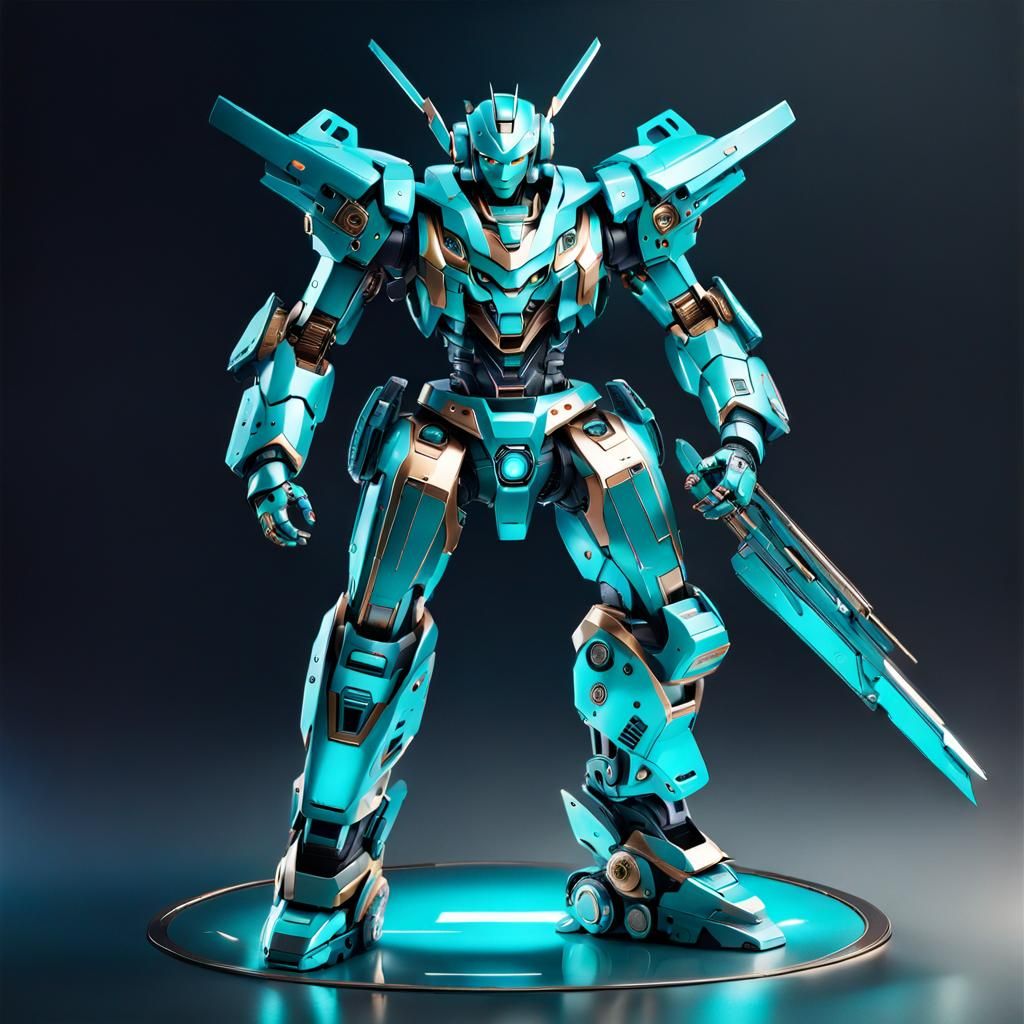 Elegant Turquoise Mecha Fighting Robot in Anime Style