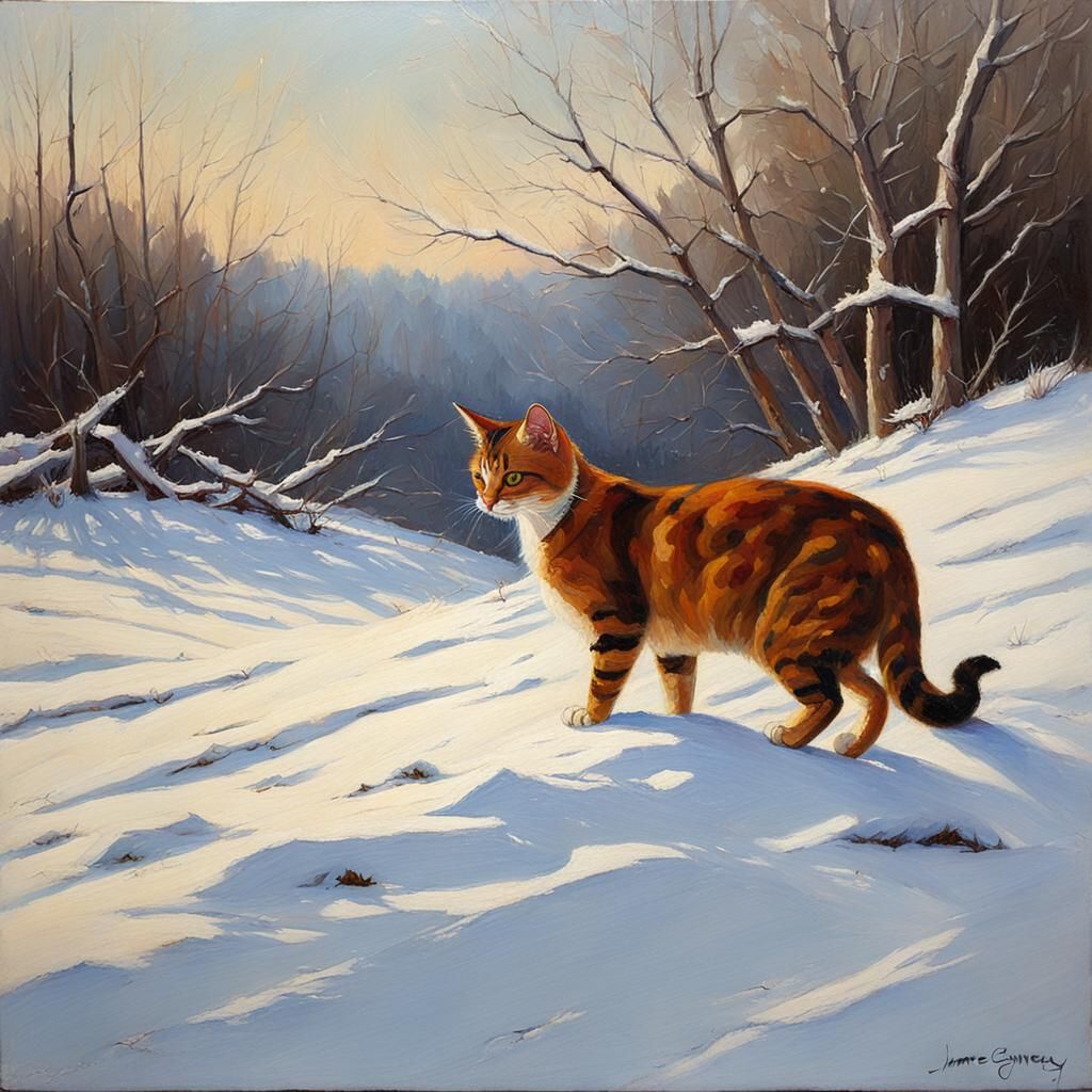 Cat in Snow, Oil Painting Style