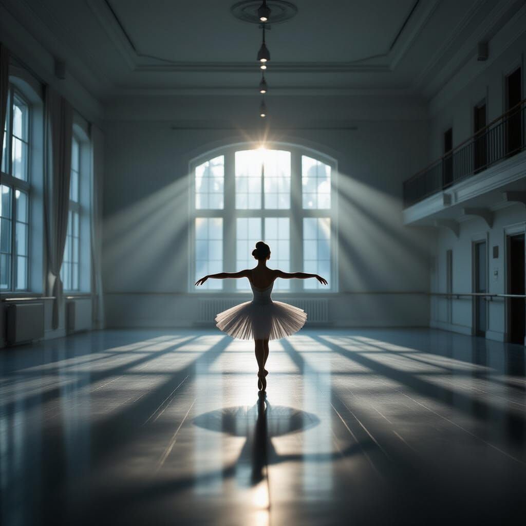 Empty Ballet Studio Bathed in Dramatic Cinematic Light