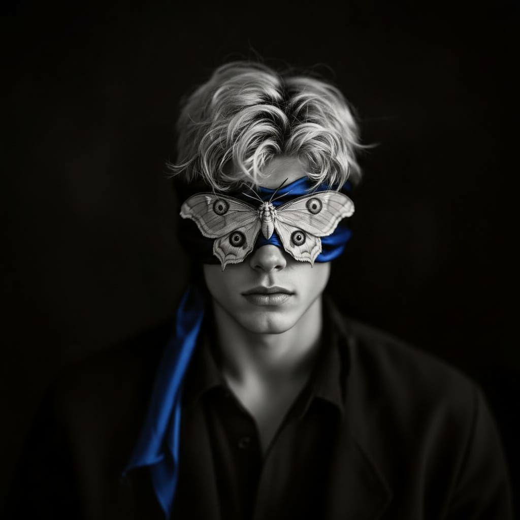 Man Blindfolded with Luna Moth, Dramatic Monochrome Portrait