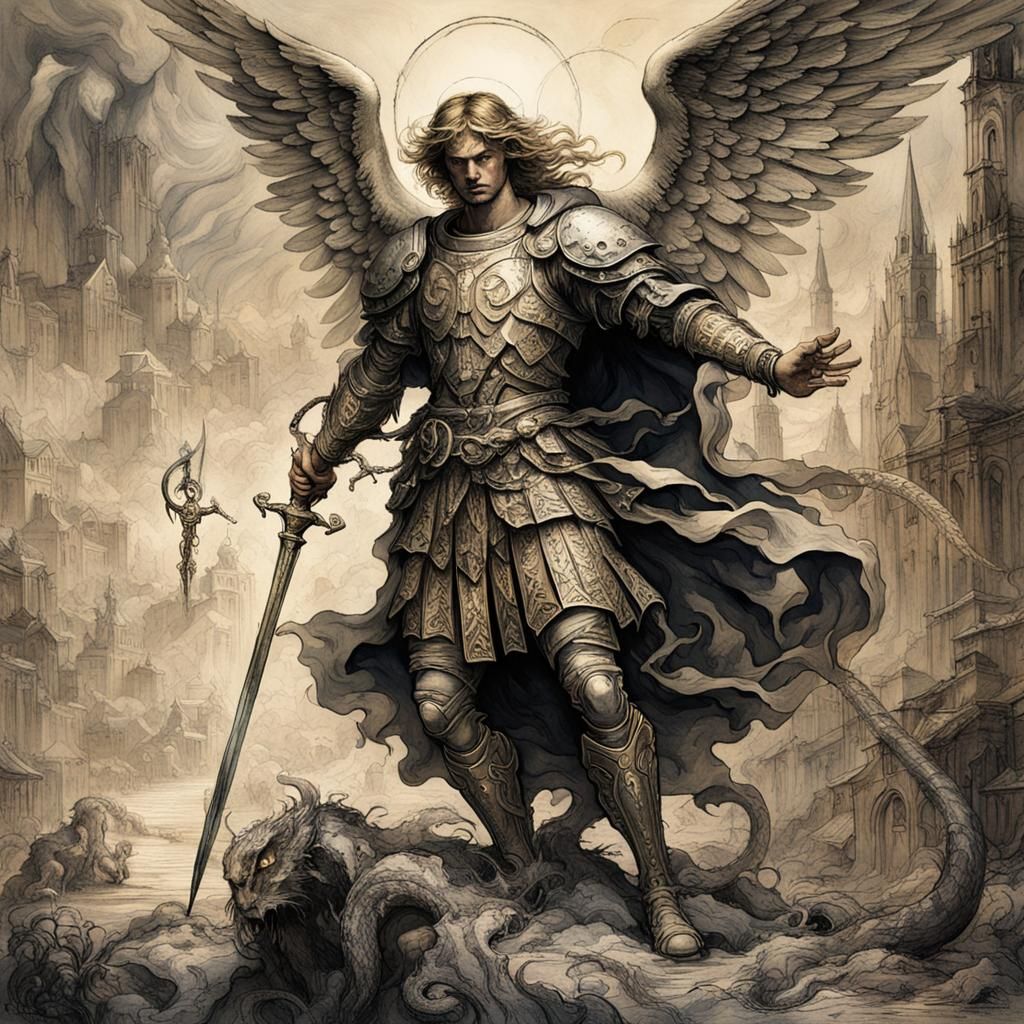 St Michael Defeats Snake: Dark Fantasy Art