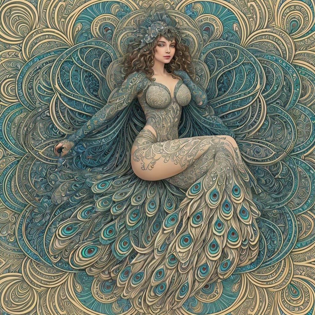 Peacock in Art Nouveau Style with Fractal Elements