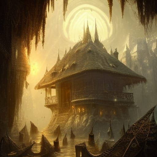 Steampunk Ice Town Hall with Fireworks, Digital Art