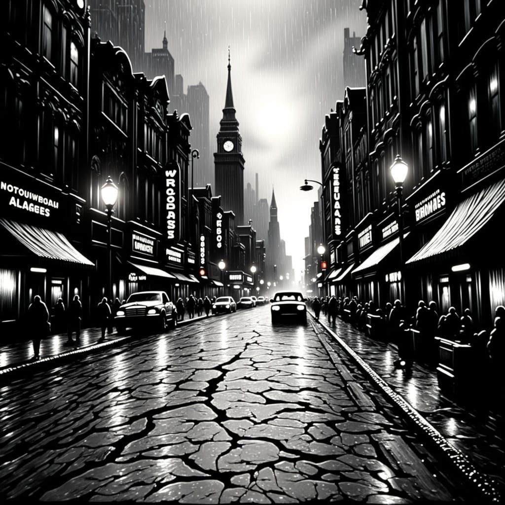 Earthquake Devastates City Street in Blacklit Style