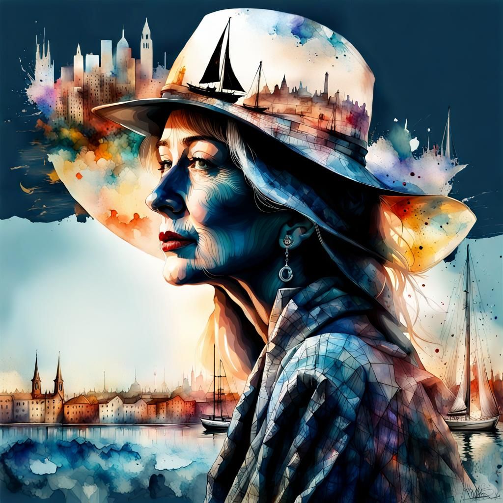 Elegant Lady in a Gothic Panorama, Digital Watercolor