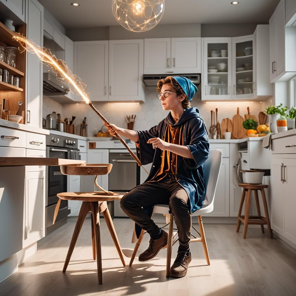 Young Wizard Creates Furniture with Magic Wand
