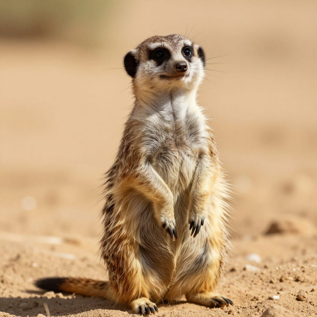 Hyperrealistic Meerkat in Sun-Drenched Desert Landscape