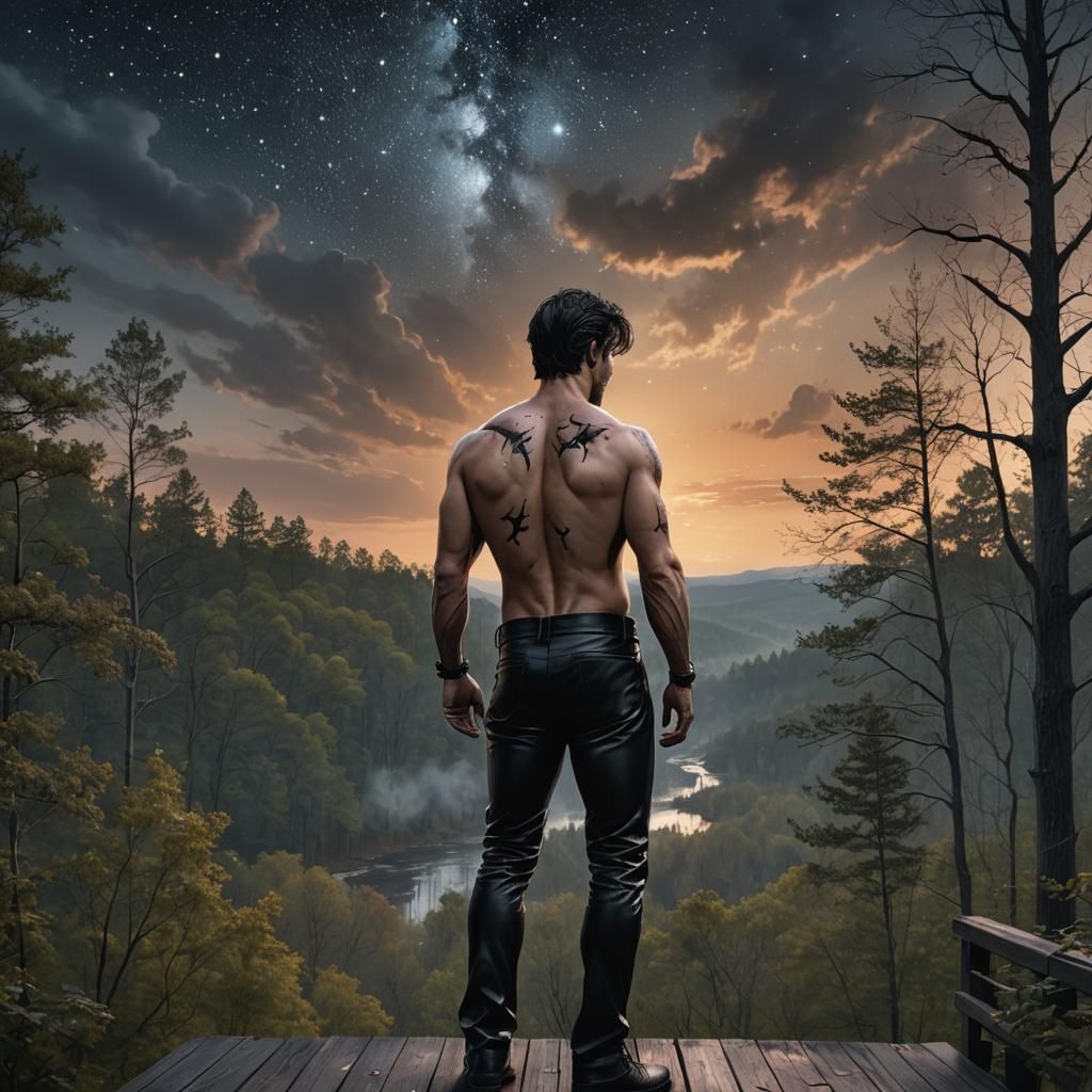 Man Gazing at Starry Sky with Back Scars