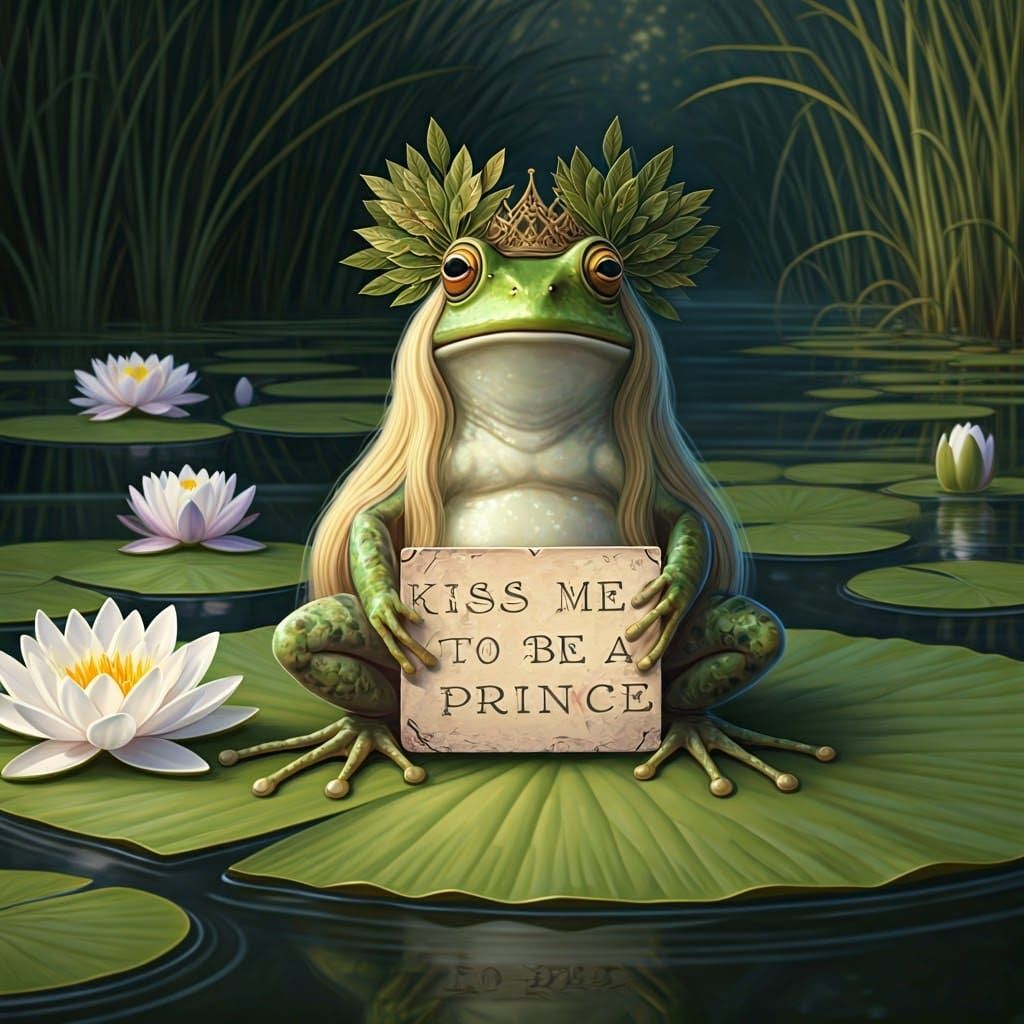Whimsical Frog on Lily Pad Invites a Kiss to Become a Prince