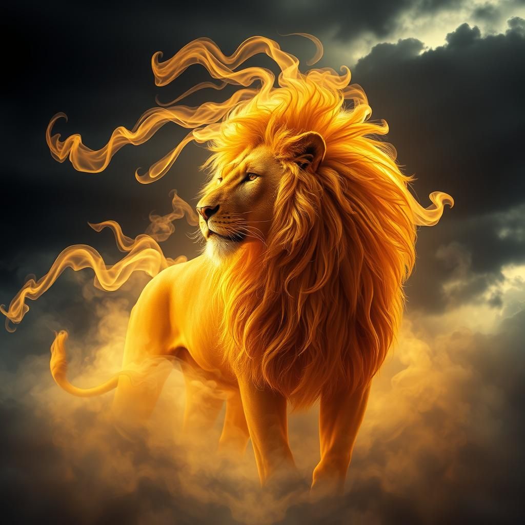 Ethereal Smoke Lion in Stormy Landscape