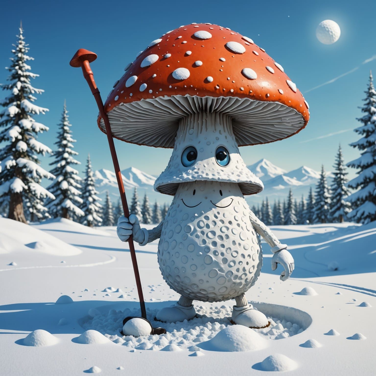 Ethereal Mushroom Tees Off in Snowy Wonderland
