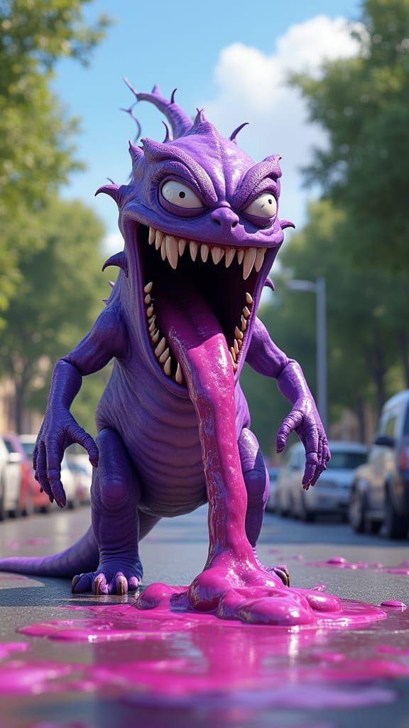 Cartoon Symbiote Monster Melts in Suburban Street