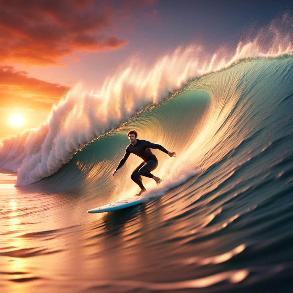 Surfer Rides Wave at Sunset: Detailed Fantasy Art