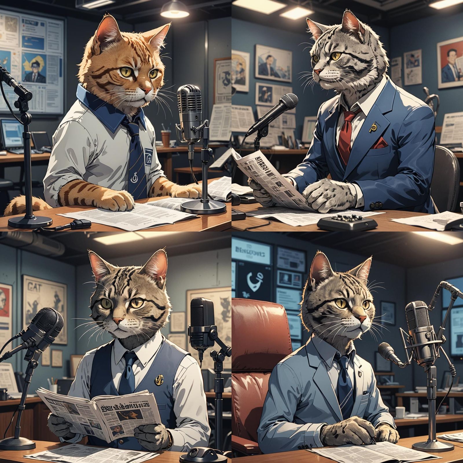 Cat Newscaster in Studio: Manga Anime Style