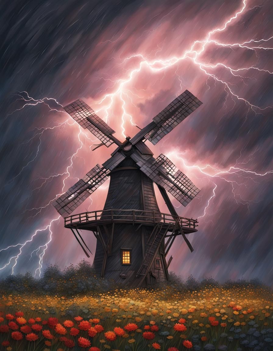 Lightning Strikes Windmill in Stormy Splash Art
