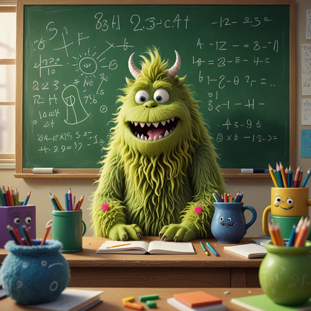 Friendly Monster at Desk with Math Equations