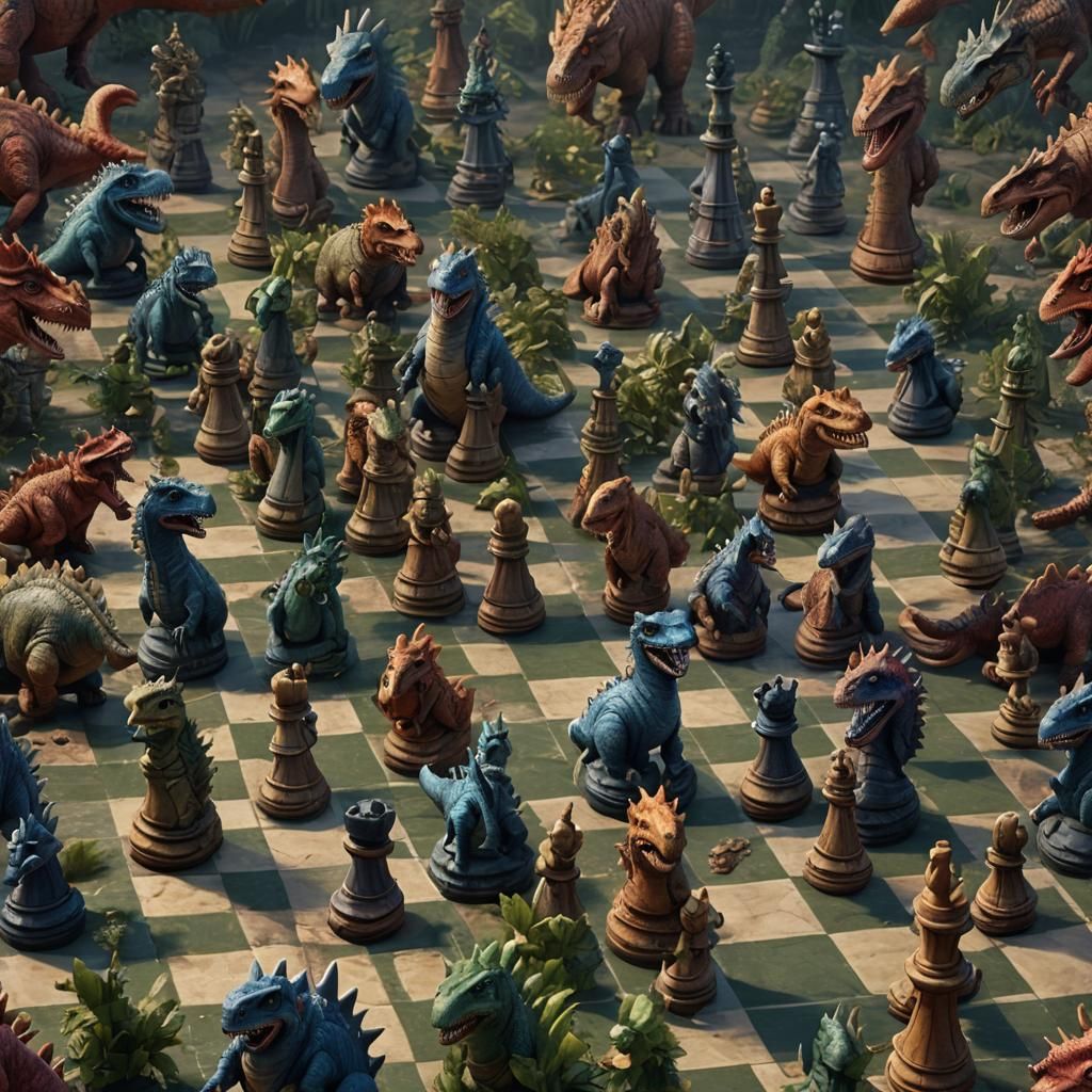 Detailed Dinosaur Chess Game in Matte Painting Style