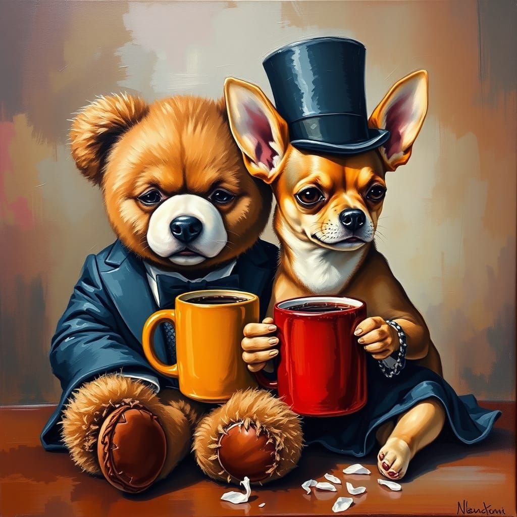 Anthropomorphic Animals Enjoying Coffee as Impasto Painting