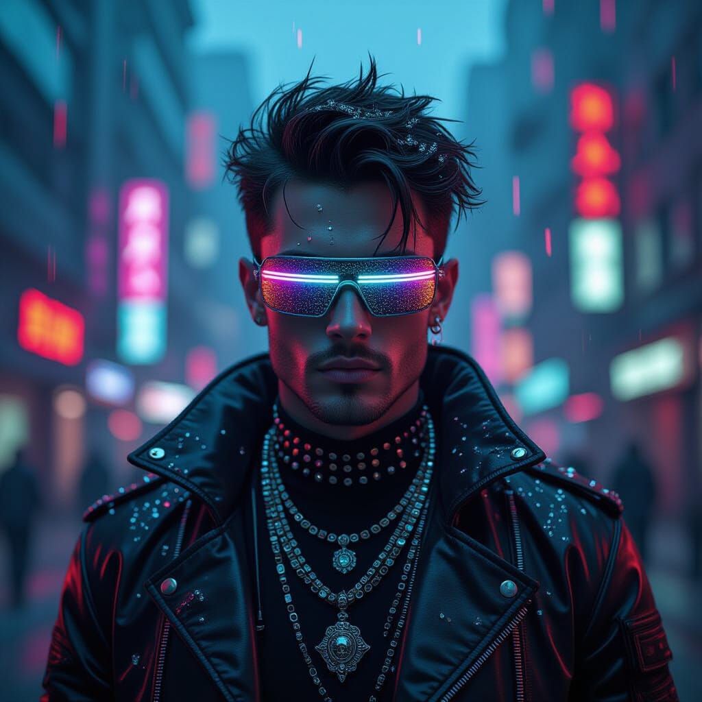 Cyberpunk Guy with Neon Sparkles in Glitching Cityscape