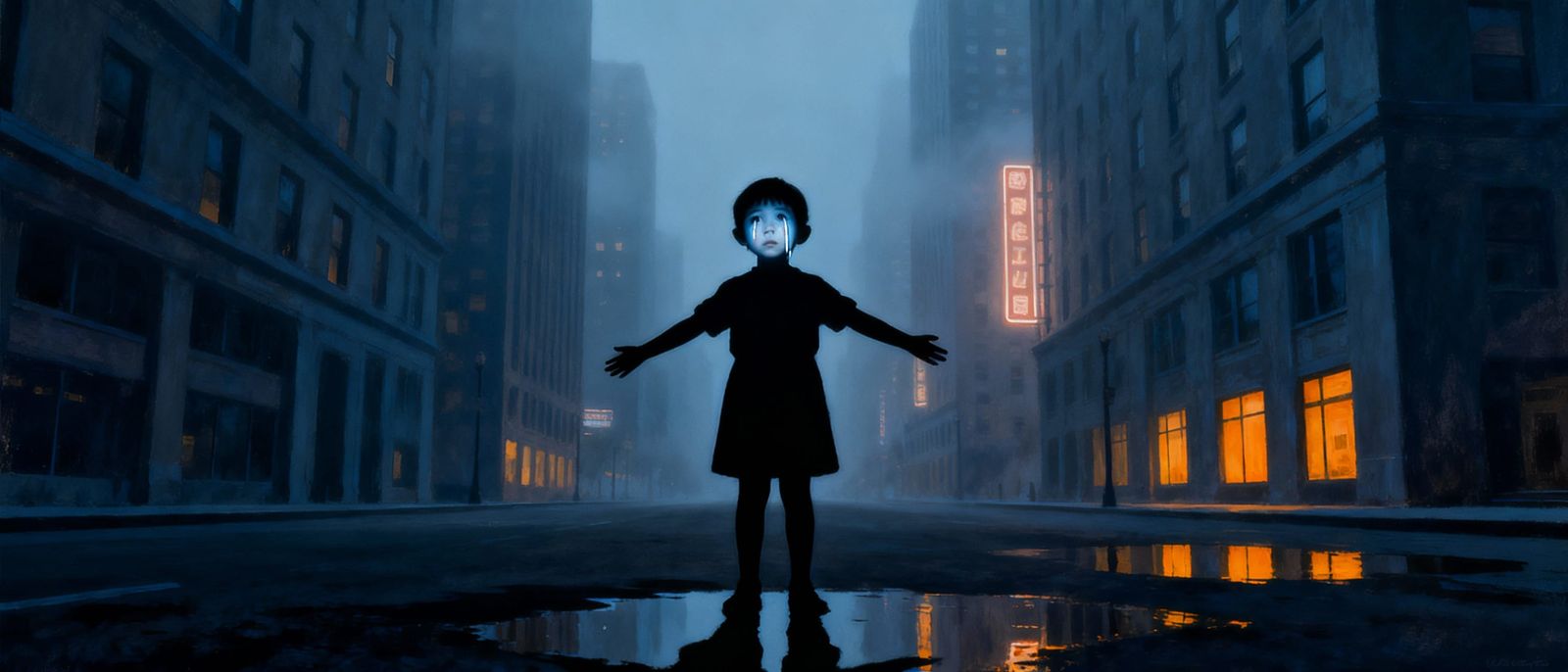 Lost Child Silhouette in Foggy Cityscape