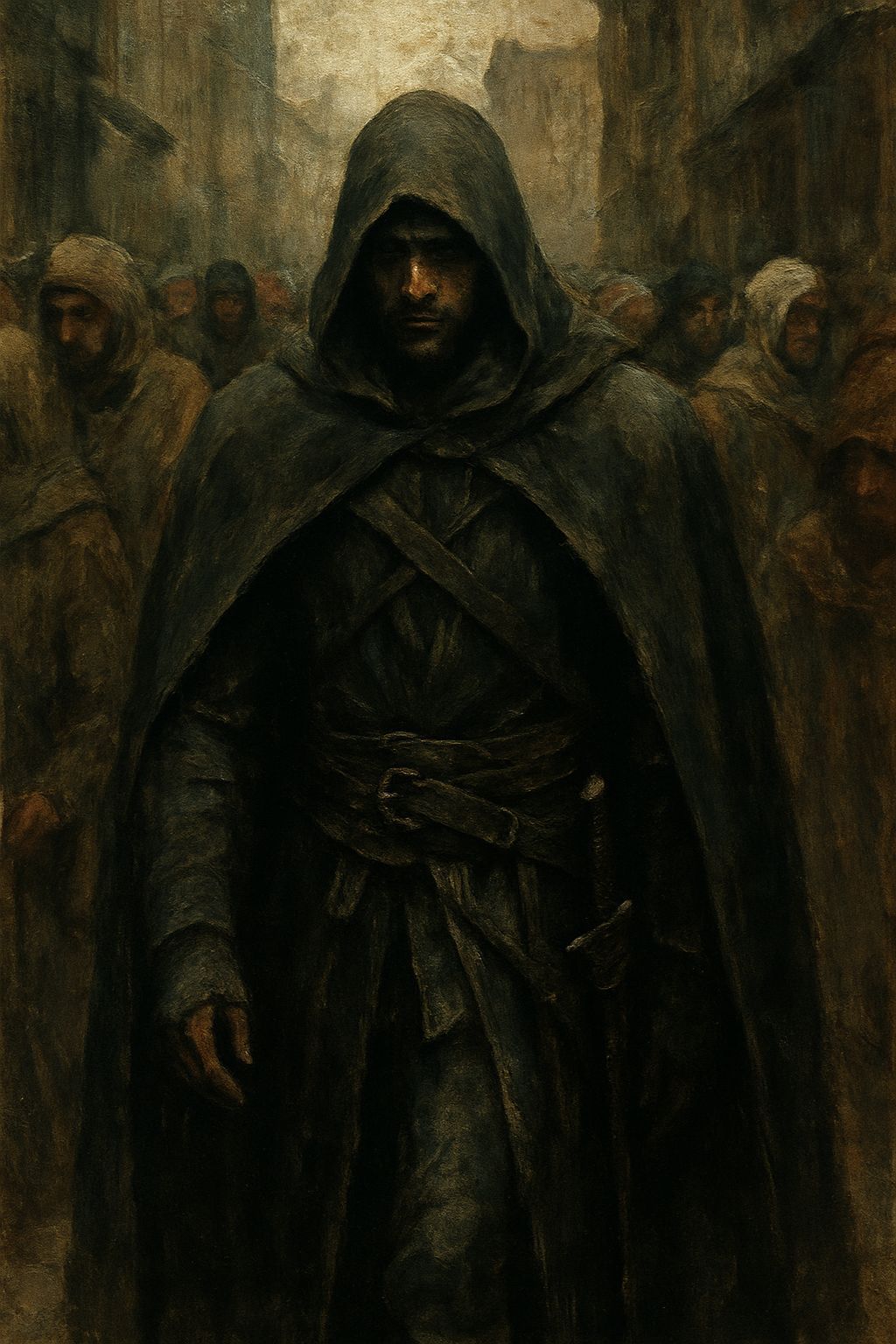 Medieval Assassin Blends in Crowd: Dark Fantasy Oil Painting