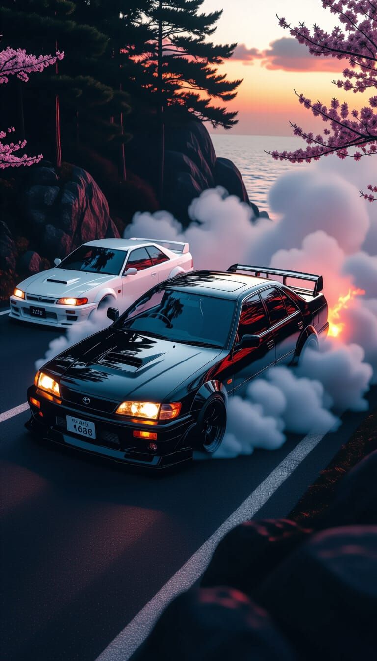 Black Toyota Chaser JZX100 Wallpaper with Fiery Sunset