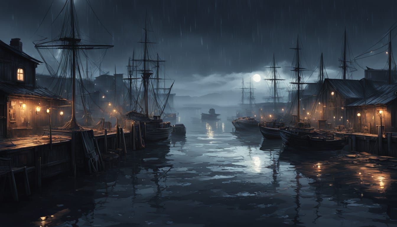 Gloomy Seaport at Evening with Reflective Waters