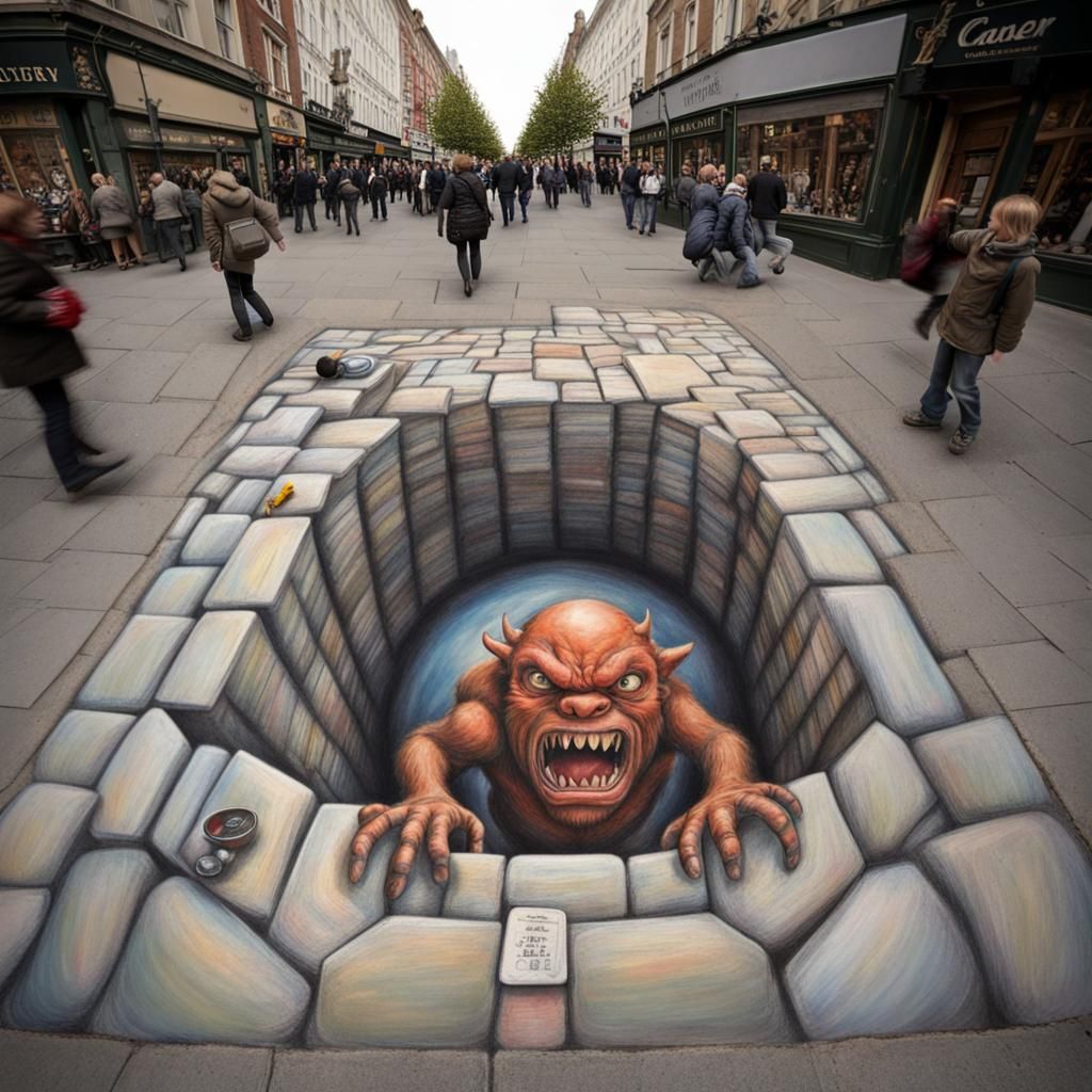 Giant Demon Optical Illusion in 3D Pavement Art