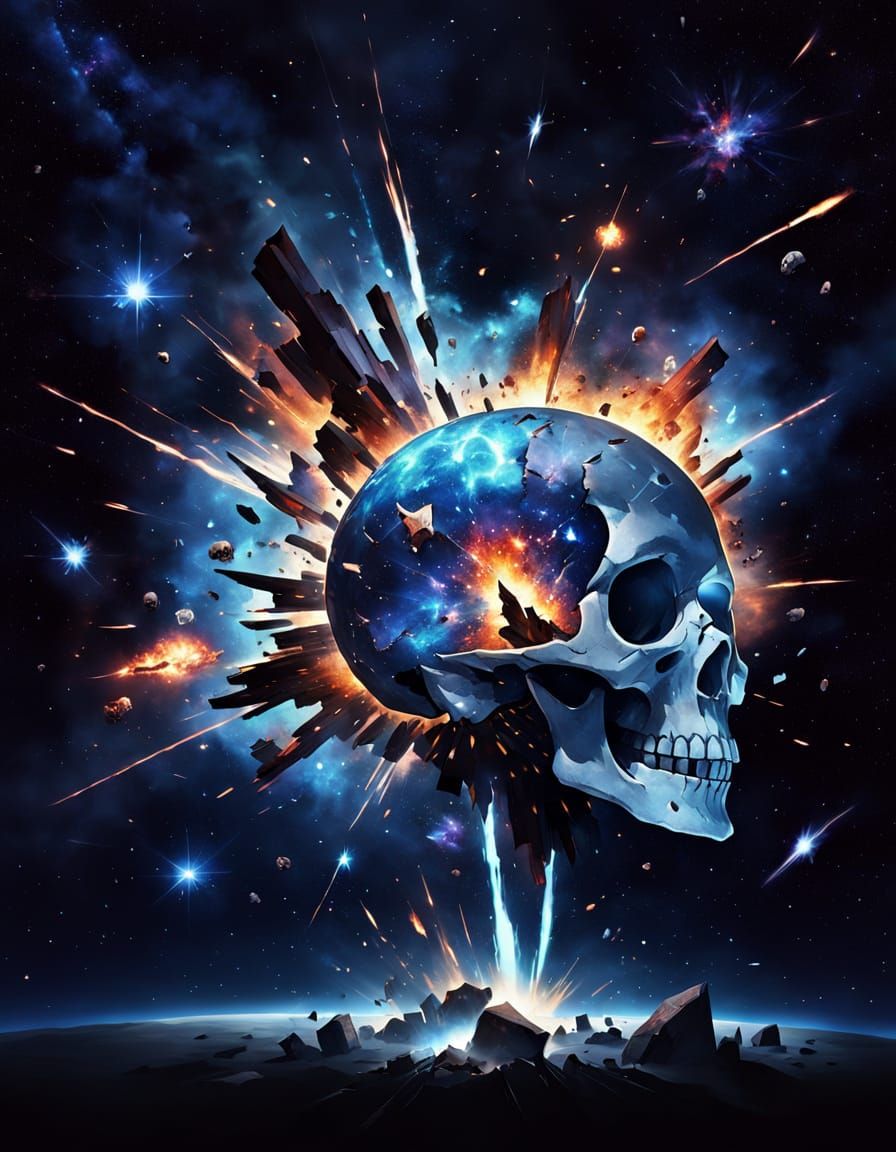 Art Deco Skull Explodes into Celestial Chaos