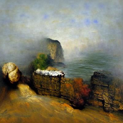 Fog-Shrouded Cliff in Rembrandt Style