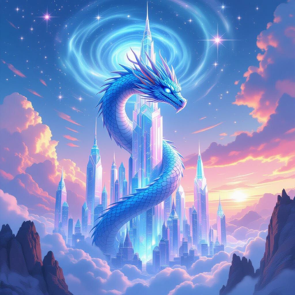 Floating Crystal City with Dragon in Futuristic Style