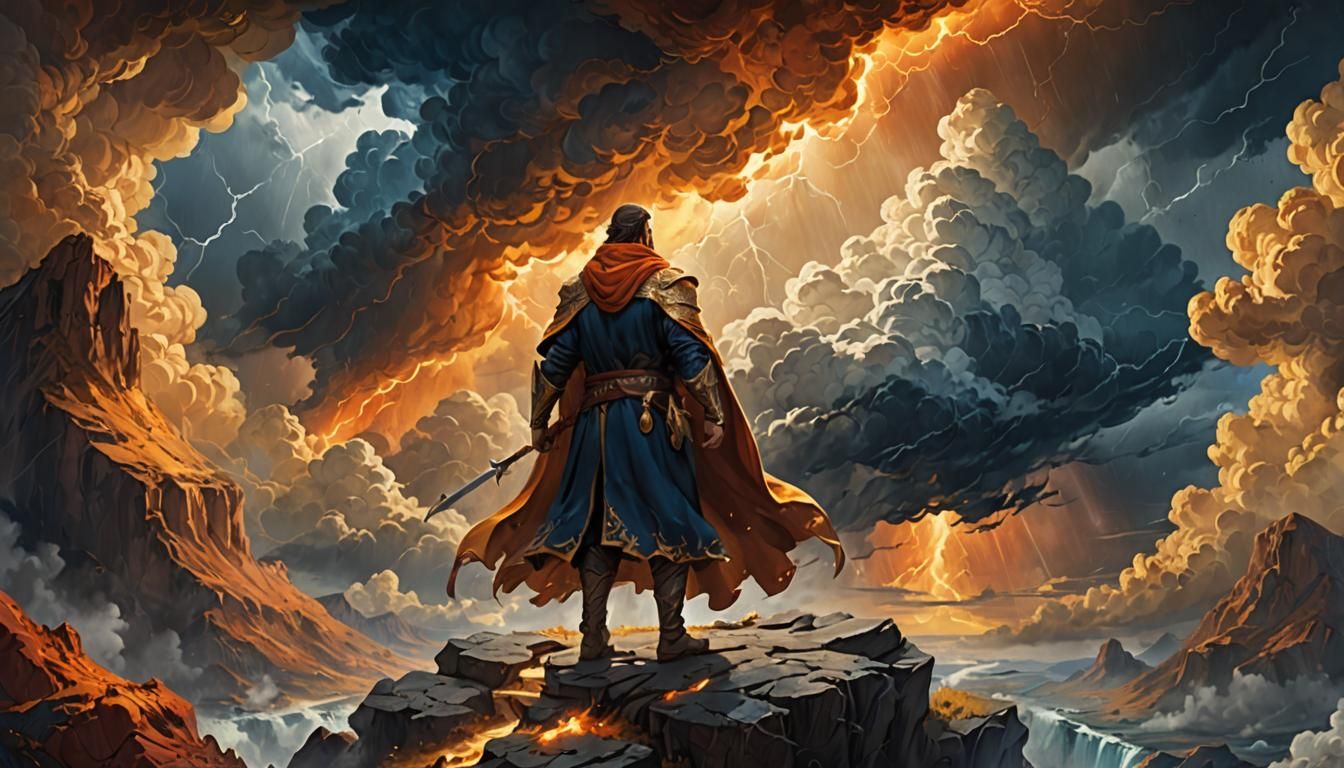 Epic Fantasy Figure in Stormy Landscape