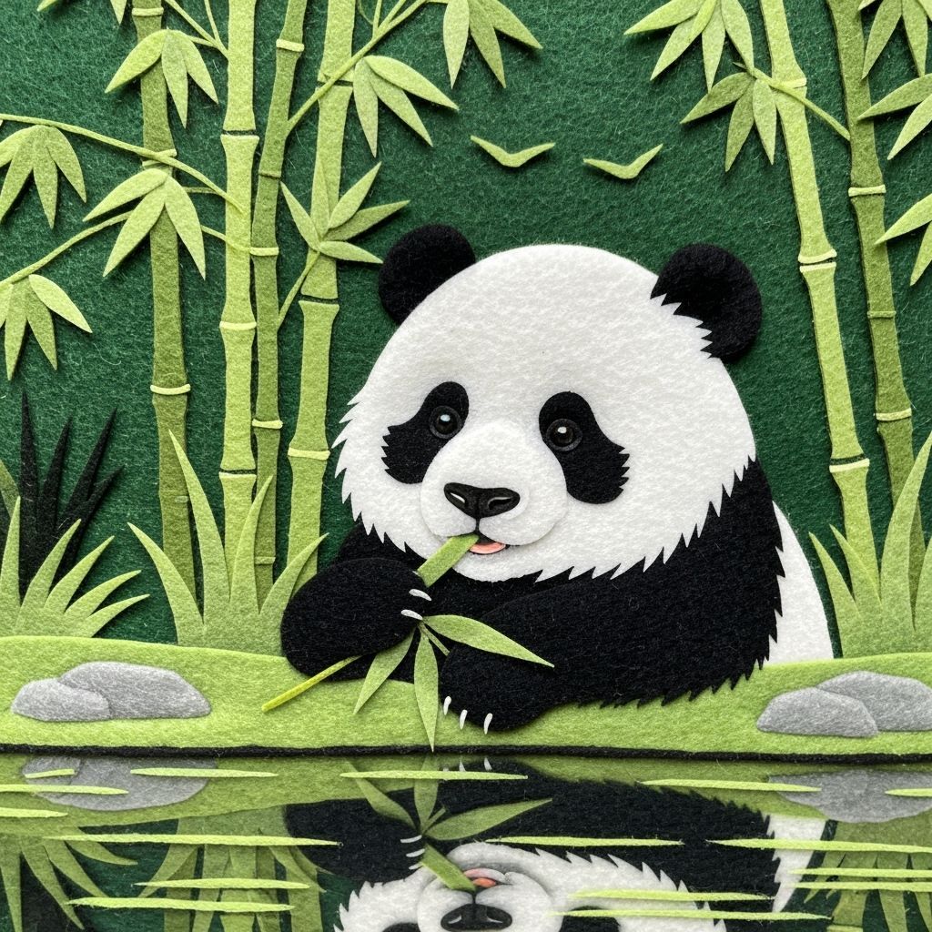 Felt Panda Eating Bamboo by Lake, Detailed Art