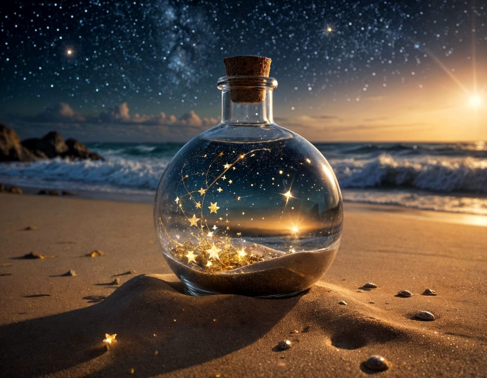 A transparent bottle lying gently on the sand beach in star night.