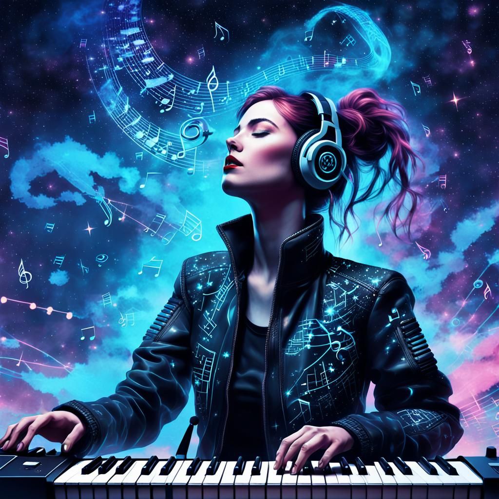 Cyberpunk Musician Immersed in Synthesizer Music