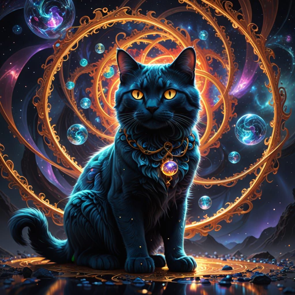 Cute Cat Interacts with Pulsating Holography Orb in Cosmic S...