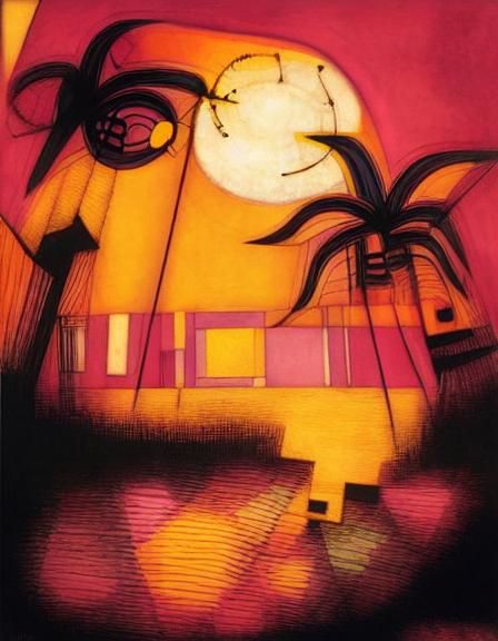 Sorrowful Couple with Black Flowers in Geometric Style