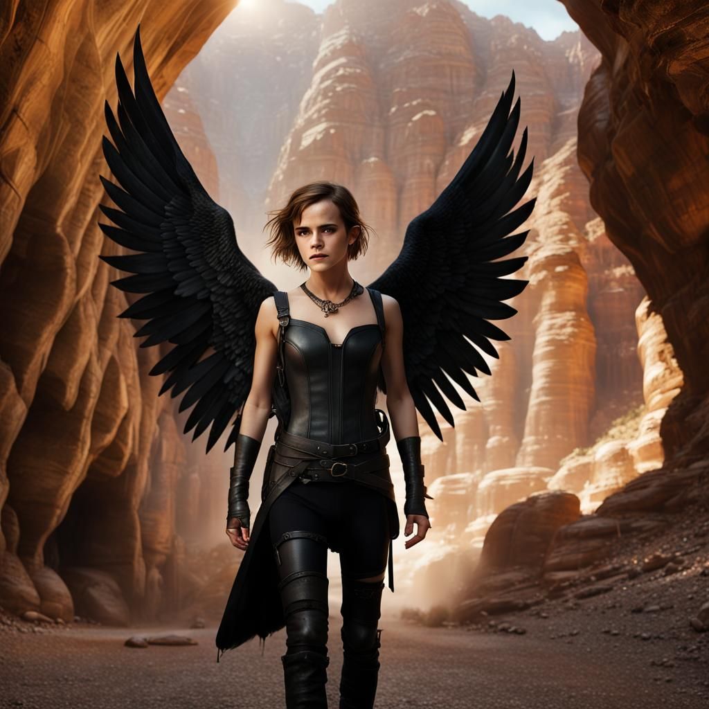 Enigmatic Winged Angel in Desert Sunset