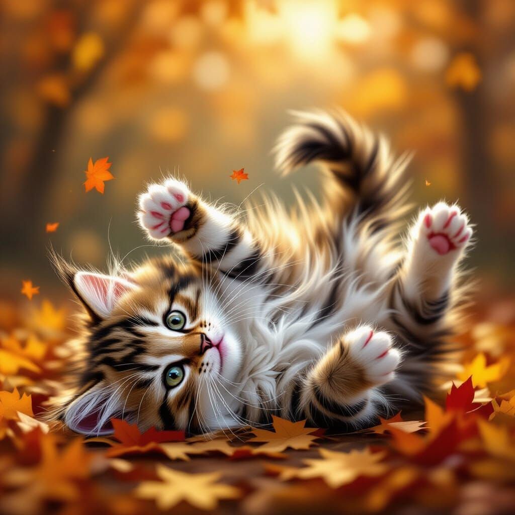 Charming Kitten Playing in Autumn