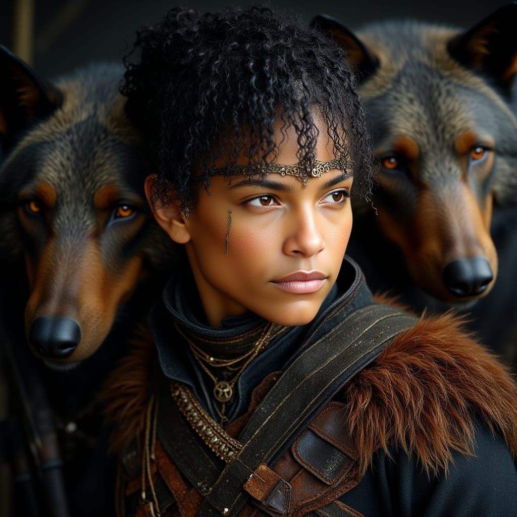 Boy Warrior With Wolf and Bear Companions in HDR