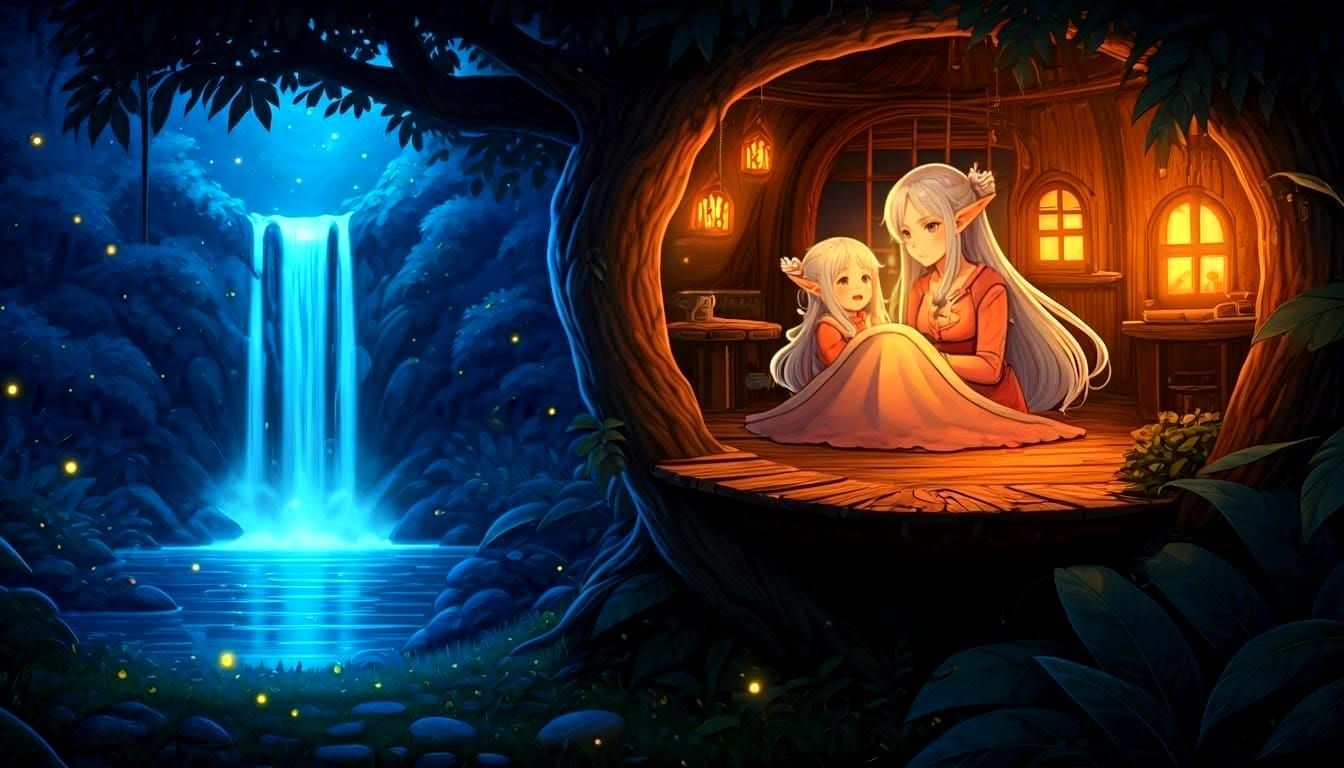 Elf Mother Tells Fairytales to Her Daughter in a Treehouse N...